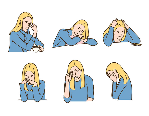 Various views of a girl's melancholy emotions. hand drawn style vector design illustrations. - Vector, Image