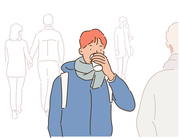 Um homem de roupas de inverno está bebendo café e andando pela rua. desenhado à mão estilo vetor design ilustrações. - Vetor, Imagem