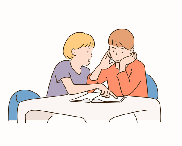 Ένα κορίτσι μαθαίνει σε ένα αγόρι να διαβάζει. ζωγραφισμένες στο χέρι εικονογραφήσεις διανυσματικού σχεδιασμού. - Διάνυσμα, εικόνα