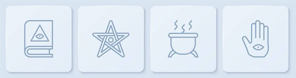 Set line Ancient magic book, Witch cauldron, Pentagram and Hamsa hand. White square button. Vector - Vector, Image