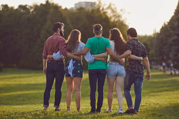Back view. Group of friends hugging fun on the grass in the summer park. Happy young people have a rest on the nature at sunset - Foto, afbeelding