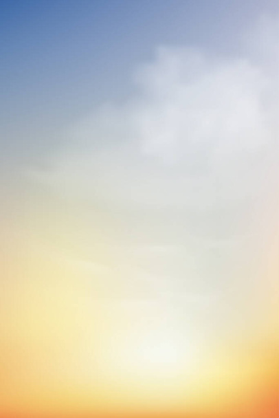 Alba al mattino con cielo arancione, giallo e blu, paesaggio crepuscolare drammatico verticale con tramonto alla sera, orizzonte in mesh vettoriale Banner cielo di alba o luce solare per quattro stagioni sfondo - Vettoriali, immagini