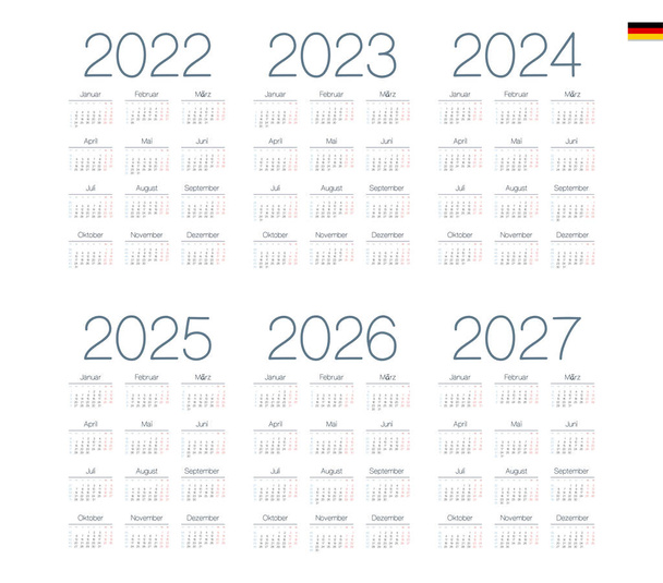Német naptár 2022, 2023, 2024, 2025, 2026, 2027. A hét hétfőn kezdődik. - Vektor, kép