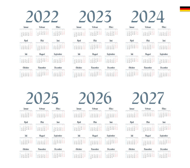 German Calendar for 2022, 2023, 2024, 2025, 2026, 2027. Week starts on Monday - Vector, Image