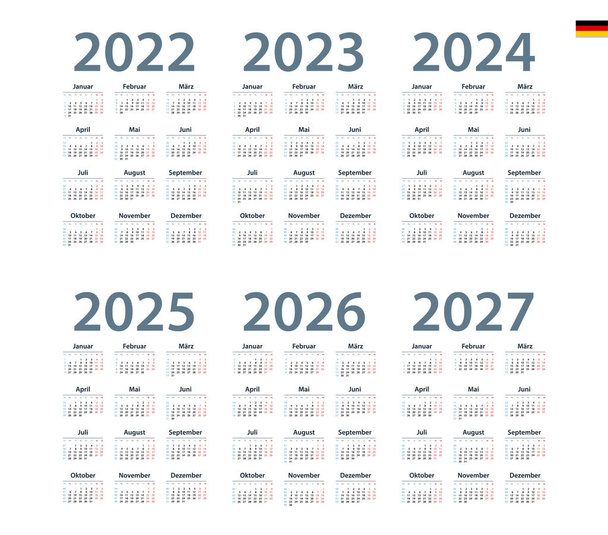 Német naptár 2022, 2023, 2024, 2025, 2026, 2027. A hét hétfőn kezdődik. - Vektor, kép