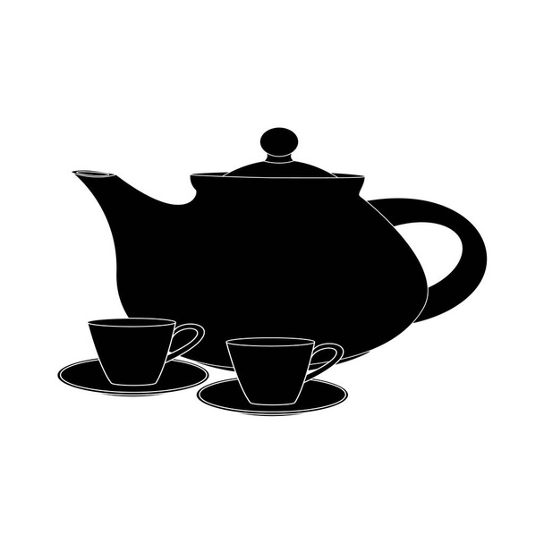 Фарфоровый чайник с двумя чашками на белом фоне. - Вектор,изображение