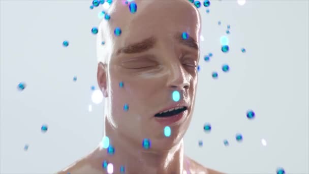 Grappige 3D animatie van een rimpelend zacht gezicht. Het menselijk gezicht is verfrommeld. Rust en ontspanning concept. Een douche van bollen giet op mijn hoofd. 3d weergave van naadloze lus. - Video