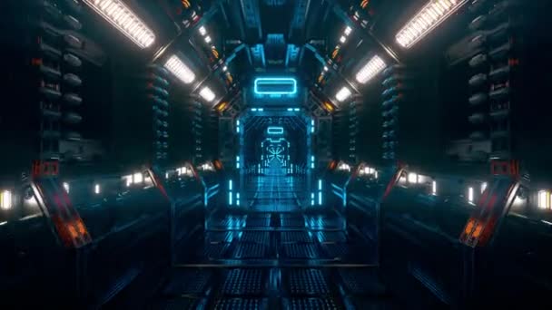 Fliegen in einem Raumschifftunnel, einem Science-Fiction-Shuttle-Korridor. Futuristische abstrakte Technologie. Technologie und Zukunftskonzept. Blaulicht. 3D Animation der nahtlosen Schleife. - Filmmaterial, Video