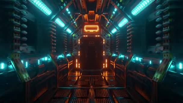 Fliegen in einem Raumschifftunnel, einem Science-Fiction-Shuttle-Korridor. Futuristische abstrakte Technologie. Technologie und Zukunftskonzept. Blaulicht. 3D Animation der nahtlosen Schleife. - Filmmaterial, Video