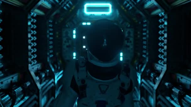 Astronauta caminando en el túnel de la nave espacial, corredor del transbordador de ciencia ficción. Tecnología abstracta futurista. Tecnología y concepto futuro. Luz intermitente. Animación 3D - Imágenes, Vídeo