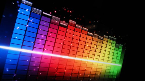 Music Equalizer bár. Audio hullámforma kiegyenlítő a képernyőn fekete háttér. Zene vagy hanghullám a monitoron. színes hang vizualizáló absztrakt. gradiens spektrumú zenei grafikon. Digitális grafikon világít a sötétben. - Fotó, kép