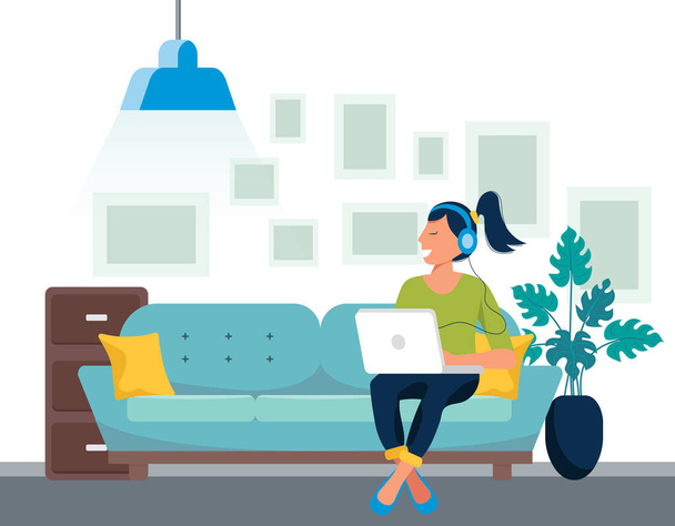 Concepto de oficina en casa, mujer trabajando desde casa, estudiante o freelancer. Ilustración vectorial en estilo plano - Vector, imagen