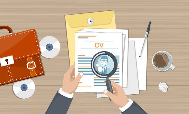 CV papers on desk with documents and magnifying glass. Human resources, hiring new employees concept. Flat vector design. - Vector, Image