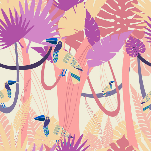 Бесшовный векторный ботанический узор красочный абстрактный дизайн тропического леса с туканами в пастельных тонах - Вектор,изображение