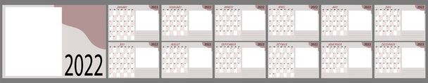 Calendar template for 2021. Set of 12 months and covers. Daily planner with grid table, with space for notes and photos. Vector illustration. horizontal wall or tabletop Corporate, business calendar - Vector, Image