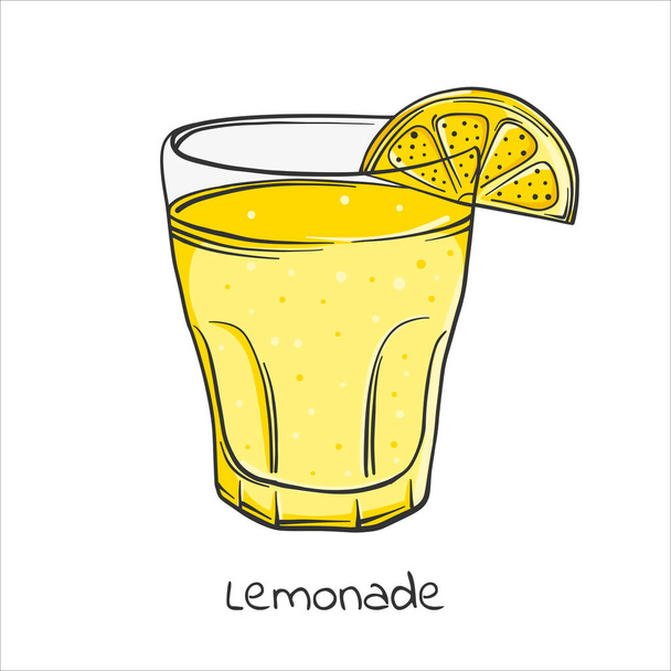 Lemonade in glass with lemon slice in cartoon style, vector image. - Vecteur, image