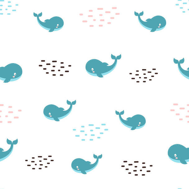 seamless pattern with cute cartoon whales on white background, vector nautical background for kids, child drawing style, cartoon baby animals underwater illustration, design for fabric, textile, decor - Vector, imagen