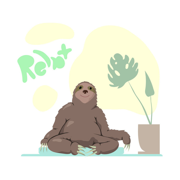 грайливе зображення лінивця, що спирається на килимок біля горщика з рослиною з написом розслабтеся
 - Вектор, зображення