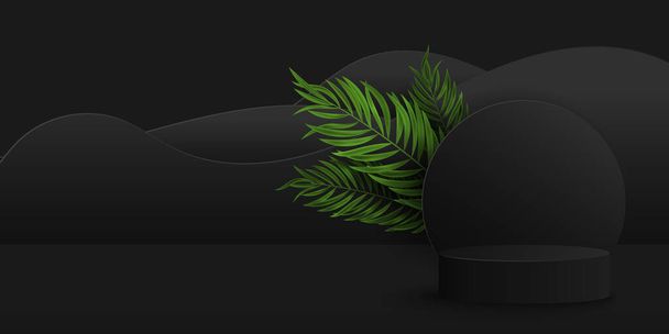 Exotic black pedestal with palm leaf to display your product. 3D vector cylinder stage for presentation. Abstract shapes. Aesthetic concept. Tropical mock up for summer design. EPS 10. - Διάνυσμα, εικόνα