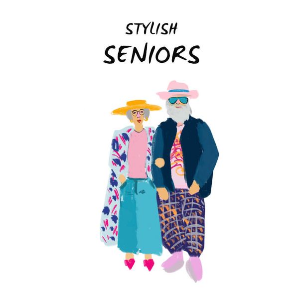 Ilustracja stylowych starszych para pani i dżentelmen izolowane na białym - Zdjęcie, obraz