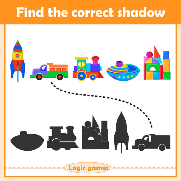 Find the correct shadow. Educational matching game for children. Set of kids toys rocket, car, train, ship - Vector, Image
