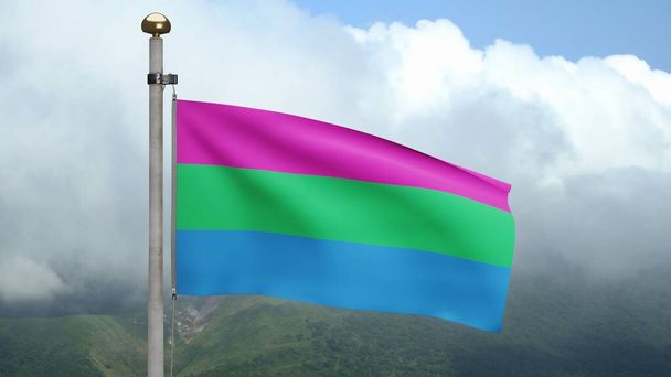 Dağda rüzgarda dalgalanan 3D Polysexuality bayrağı. Çok cinsiyetli afiş, yumuşak ve pürüzsüz ipek. Kumaş kumaş dokusu, Asteğmen. Gurur günü ve etkinlik konsepti için kullan.. - Fotoğraf, Görsel