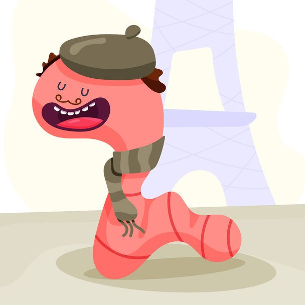 Un gusano en un estilo de dibujos animados en una boina camina en París. - Foto, Imagen