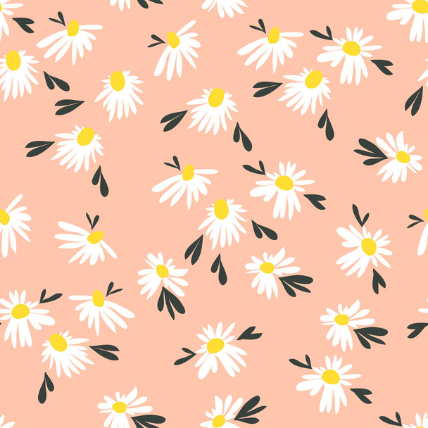デイジーと花のシームレスなパターン。ランダムに散在するモチーフを開花。ピンクを背景にした花 - ベクター画像