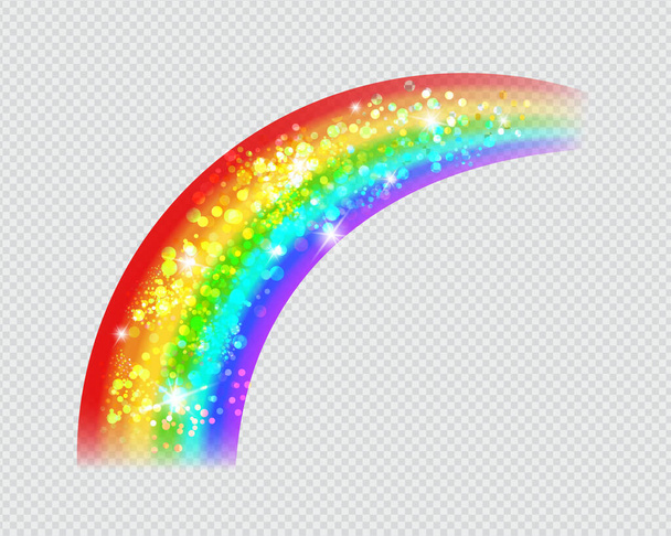 Icono de arco iris con destellos, purpurina y estrellas aisladas sobre fondo transparente. Arco realista de espectro colorido. Objeto meteorológico de fantasía. Ilustración vectorial. - Vector, Imagen