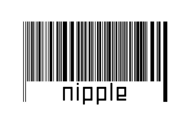 Barcode auf weißem Hintergrund mit Beschriftung Brustwarze unten. Konzept des Handels und der Globalisierung - Foto, Bild