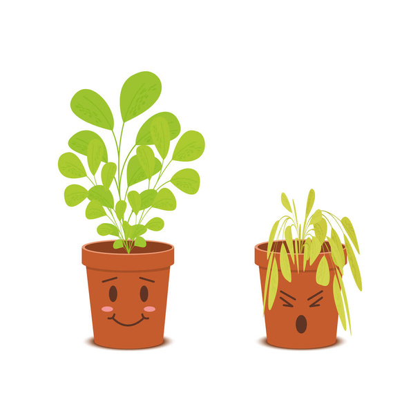 Leuke planten in potten karakters. Happy bloesem vs trieste verwelkte bloemen geïsoleerd op witte achtergrond. Vector cartoon illustratie in kinderachtige stijl - Vector, afbeelding