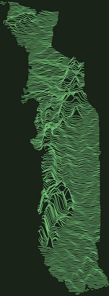 Topographic military radar tactical map of the Togolese Republic with emerald green contour lines on dark green background - Vector, Image