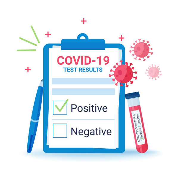 CAVID-19-testin tulokset koronaviruksen osalta ovat positiivisia tai negatiivisia. Tyhjä tyhjä. joissa on lentäviä virusmolekyylejä - Vektori, kuva
