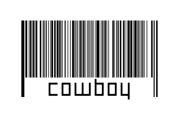 Code à barres sur fond blanc avec inscription cow-boy ci-dessous. Concept de commerce et de mondialisation - Photo, image