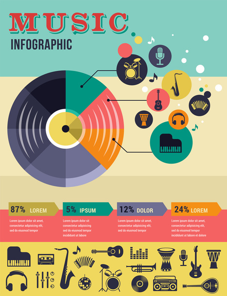 muziek infographic en pictogram set van instrumenten - Vector, afbeelding