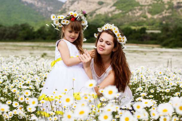 Mother with her child playing in camomile field - 写真・画像