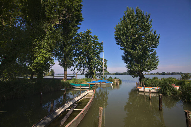 Вхід річки з пришвартованими човнами в парку в сільській місцевості Італії. - Фото, зображення