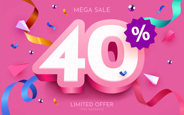 40 percent Off. Discount creative composition. 3d mega sale symbol with decorative objects. Sale banner and poster. - Vektör, Görsel