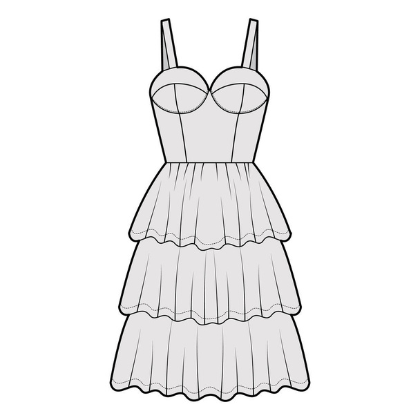 Bustier dress technical fashion illustration with sleeveless, cups, fitted body, 3 row knee length ruffle tiered skirt. - Vector, Image