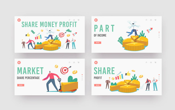 Compartir dinero Beneficio Landing Page Plantilla Conjunto. Tiny Business Characters Stand at Huge Pie Chart Mostrando Acciones de Socios - Vector, imagen