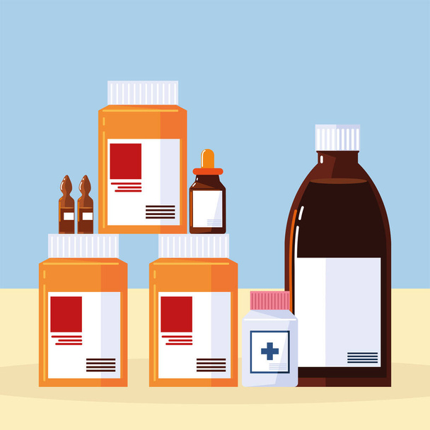 píldoras de farmacia y botellas - Vector, imagen