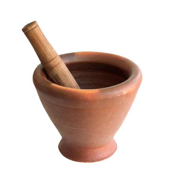 Terracotta mortar and wood, isolated on a white background - Photo, Image