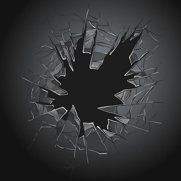 Broken glass. Cracked window. Texture of realistic destruction hole in transparent damaged glass. Vector realistic shattered glass template - Vector, Image