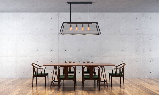 Дизайн інтер'єру будинку з дерев'яним столом, стільцями та маком декору в їдальні, фоном текстури бетонних стін, 3d рендером
 - Фото, зображення