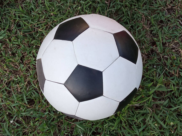 крупным планом футбольный мяч помещен на зеленой траве в поле для заднего плана, спортивная игра - Фото, изображение