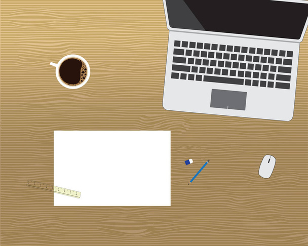 Комп'ютерний ноутбук з чистим папером, стаціонарний і чашкою кави на дерев'яному столі. Бізнес інженерний офіс
 - Вектор, зображення