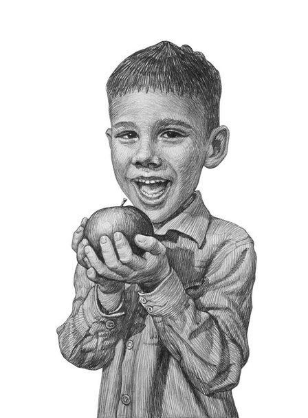 Милий хлопчик тримає яблучний фрукт. Олівець ілюстрація
. - Фото, зображення