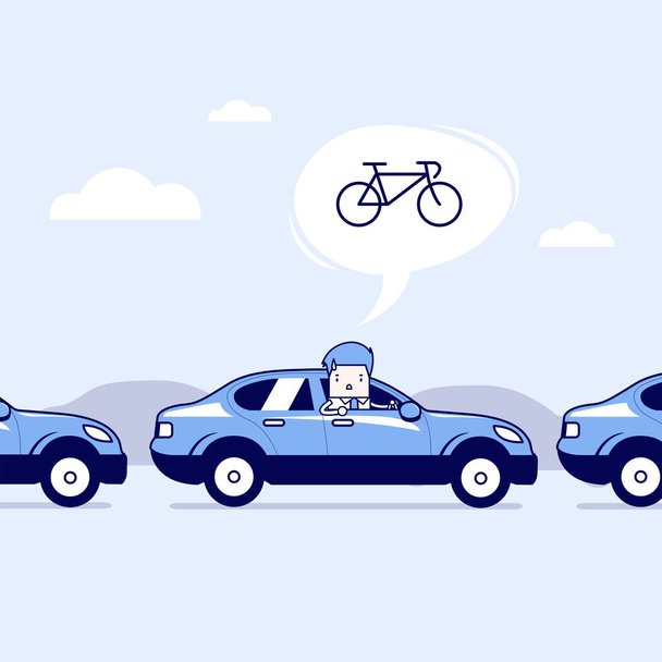 Businessman on the road with traffic jam, Thought to work by bike better. Cartoon character thin line style vector. - Vector, Image