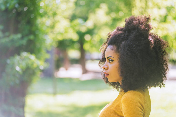 Profil portret ładnej afro dziewczyny w ogrodzie. Zamknij się.. - Zdjęcie, obraz