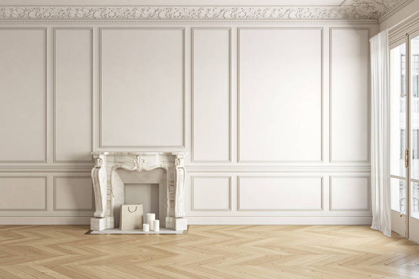 Classic white-beige blank wall empty interior with fireplace and moldings. 3d render illustration mockup. - Fotó, kép